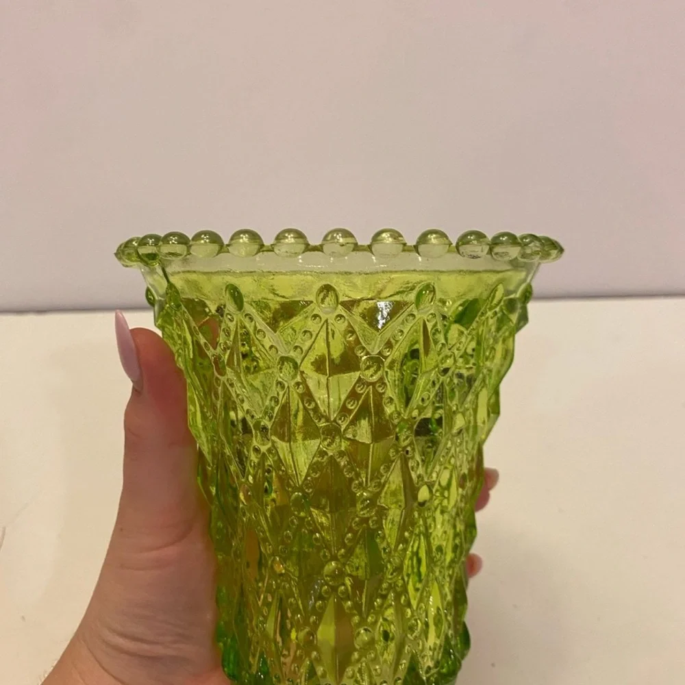 Vintage Art Glass Vase Beaded Diamond  Design Pattern Green